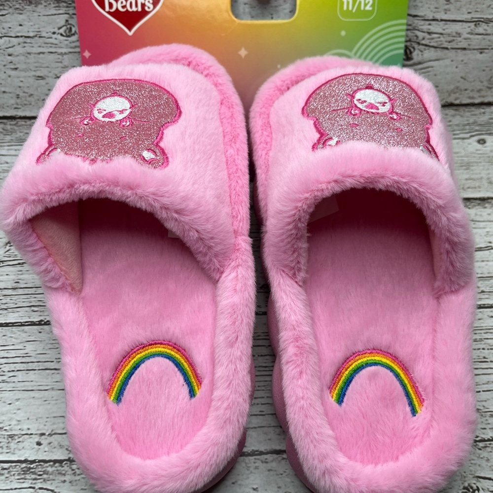 Pink Care Bears Fuzzy Slippers Kids size 11/12